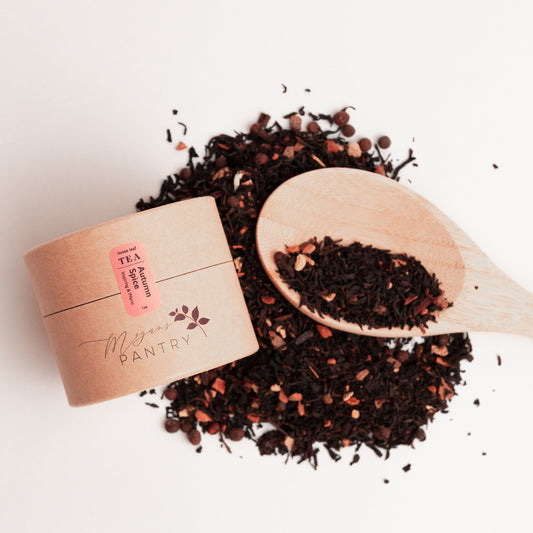 Megan’s Pantry Autumn Spice Black Tea – a cozy blend of black tea, pumpkin spice, vanilla, and orange for a warm, comforting fall sip