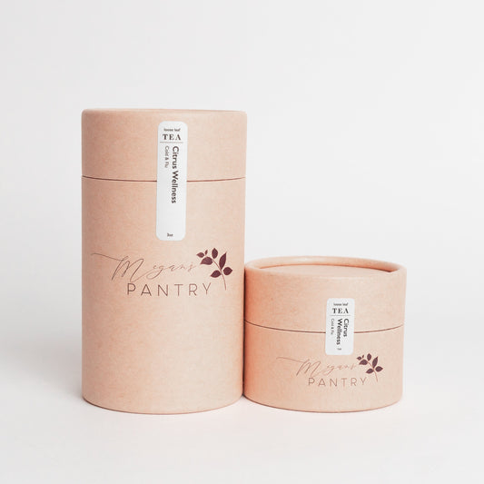 Megan’s Pantry Citrus Wellness Herbal Tea – a caffeine-free blend of lemon, ginger, and peppermint for a soothing and refreshing wellness tea