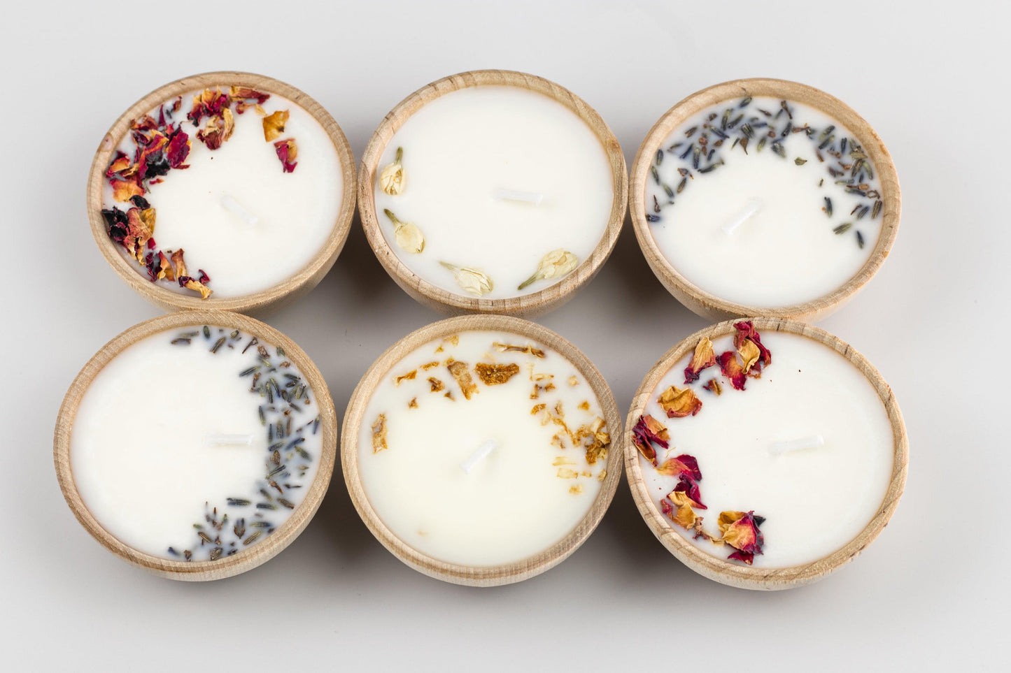 Gift Set of Six Aromatherapy Soy Candles Gift set of six aromatherapy wooden candles in pine shred gift box and silk bow with pure soy candles made with essential oils and dried florals hostess gift holiday gift birthday gift any occasion get well soon sympathy or thank you handcrafted