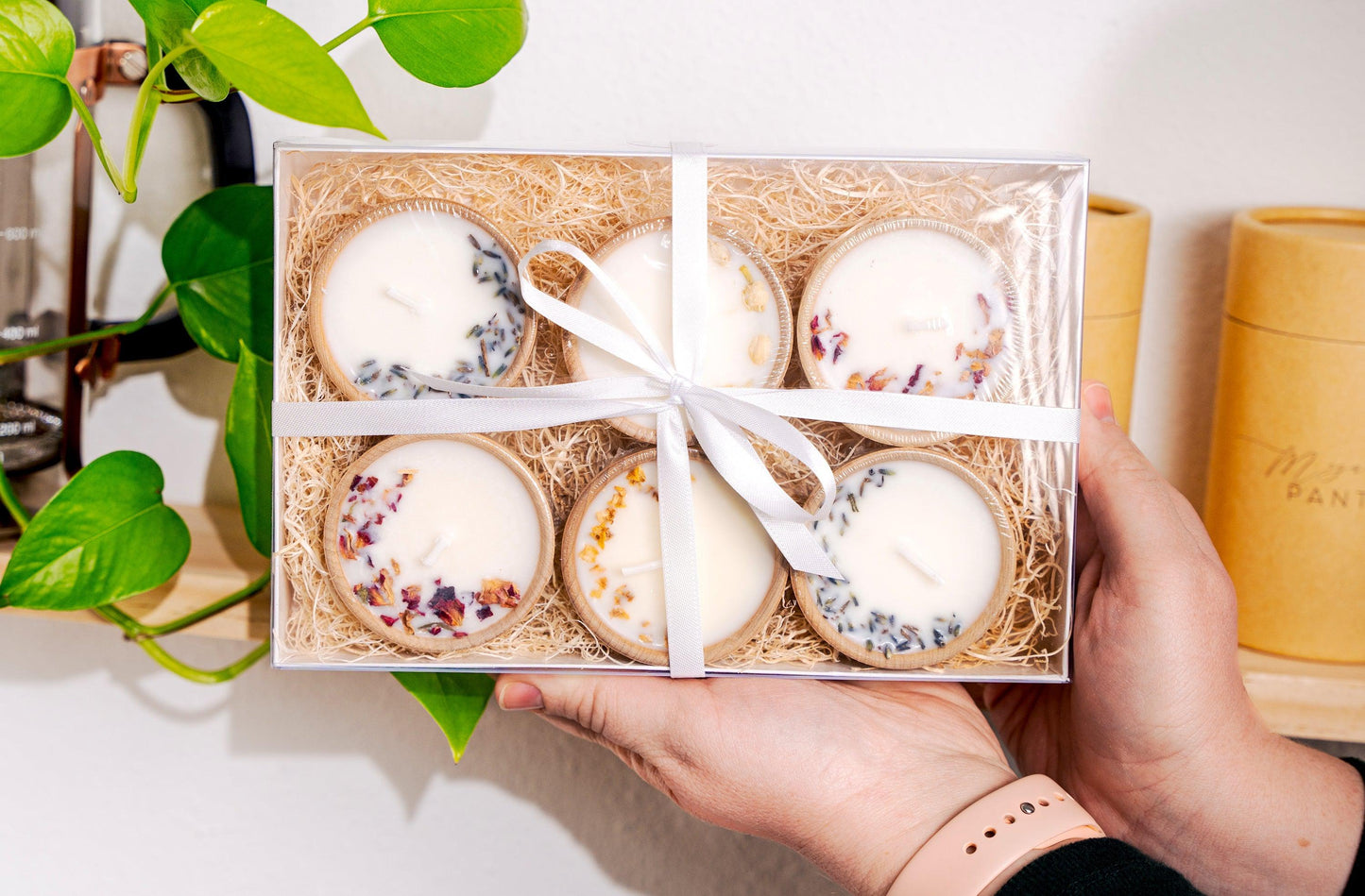 Gift Set of Six Aromatherapy Soy Candles Gift set of six aromatherapy wooden candles in pine shred gift box and silk bow with pure soy candles made with essential oils and dried florals hostess gift holiday gift birthday gift any occasion get well soon sympathy or thank you handcrafted