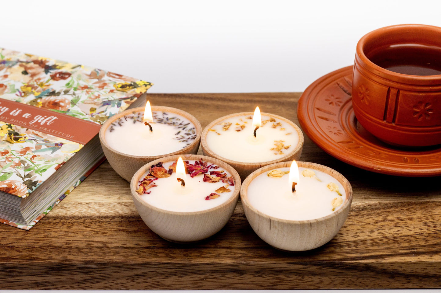 Set of Four Wooden Tealight Aromatherapy Soy Candles, 1 oz