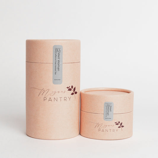 Megan’s Pantry Well Woman Herbal Tea – a caffeine-free blend of raspberry leaf, chaste berry, rose hips, and passionflower for women’s wellness and balance.