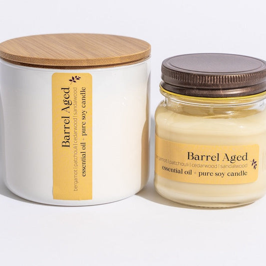 Our decadent Aromatherapy Essential Oil Candles are hand-poured using the purest soy wax, pure cotton wicks, and our signature essential oil blend that is crafted in-house in small batches.
Barrel Aged is a blend of patchouli, bergamot, cedarwood, and sandalwood essential oils, creating a golden, musky aroma. Like enjoying an old scotch with a great friend in a mood-lit room.