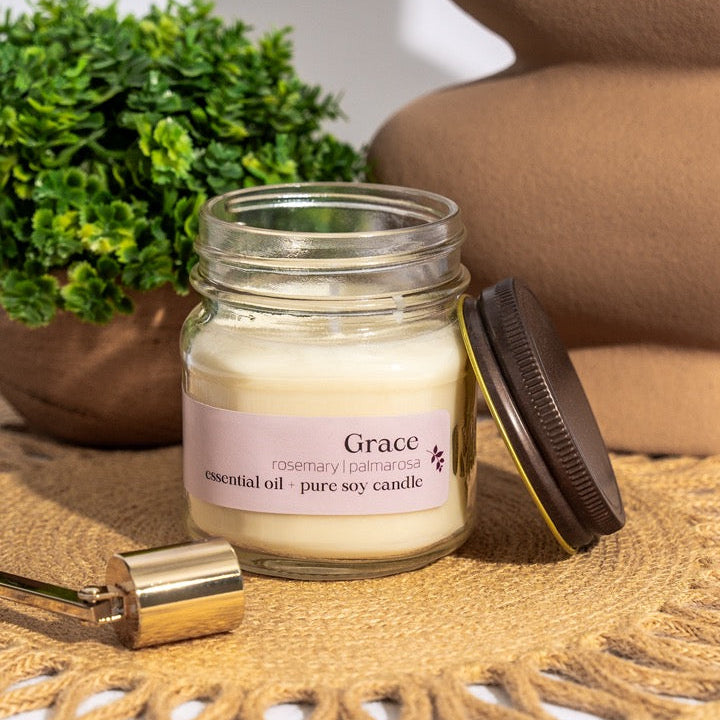Our decadent Aromatherapy Essential Oil Candles are hand-poured using the purest soy wax, pure cotton wicks, and our signature essential oil blend that is crafted in-house in small batches.
Grace is a blend of rosemary and palmarosa essential oils, bringing a lovely natural floral aroma to your space.