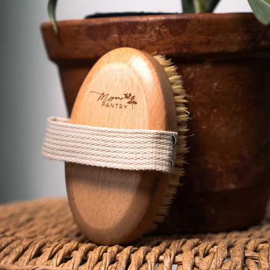 Natural boar bristle body brush with smooth wooden handle for dry brushing, exfoliating, and skin care routines – eco-friendly bath accessory ideal for gifts, spa kits, wellness rituals, and daily self-care from Megan’s Pantry