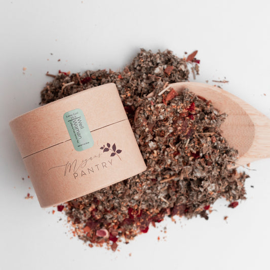 Megan’s Pantry Well Woman Herbal Tea – a caffeine-free blend of raspberry leaf, chaste berry, rose hips, and passionflower for women’s wellness and balance.